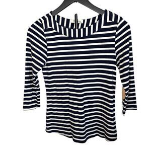 Monteau womens boatneck navy white stripe 3/4 sleeve elbow patch L.  Nautical